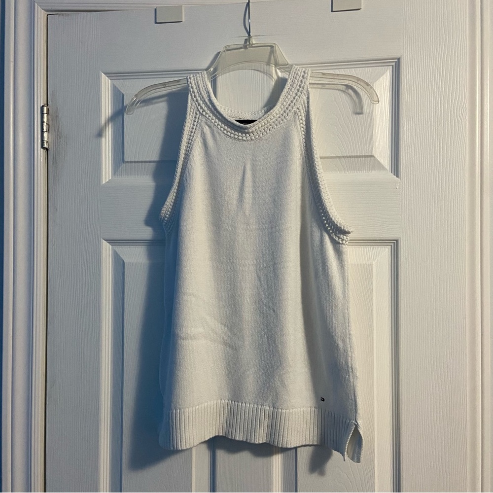 Tommy Hilfiger White Sleeveless Knit Top with Crochet Detail 100% Cotton Size L
